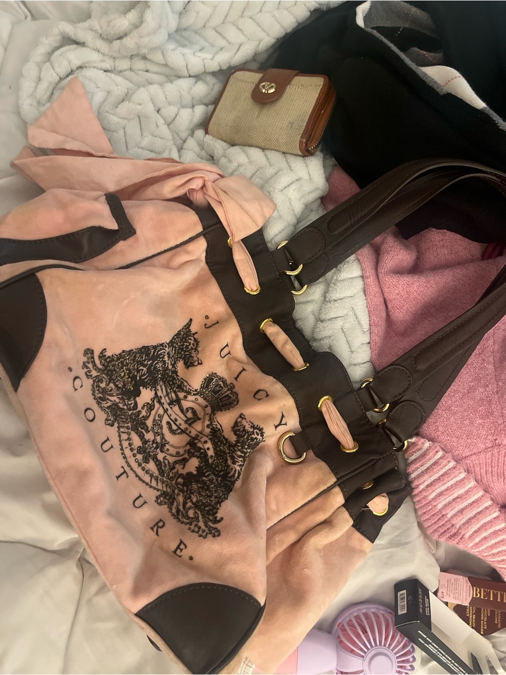 Juicy Couture Pink Suede Shoulder Bag with Brown Trim & Gold Hardware